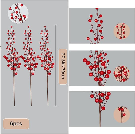 6 Picks Red Berry Twig Long Stems: Decorative Picks for Vases, Floral Arrangements, and Holiday Crafting (Red)