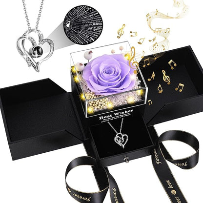Christmas Birthday Gifts for Women - Preserved Real Rose with I Love You Heart 100-Language Necklace, LED Lights & Music Gift Box, Christmas for Women Girlfriend Mom