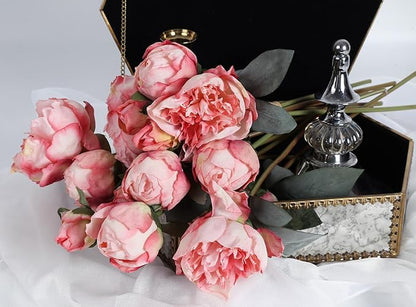 Pink Peonies Artificial Flowers 2 Bouquets Vintage Fake Peonies 14pcs Heads Silk Flowers with Stems for Wedding Decoration Bride Bouquet Faux Flowers Crafts Floral Arrangement (Pink)