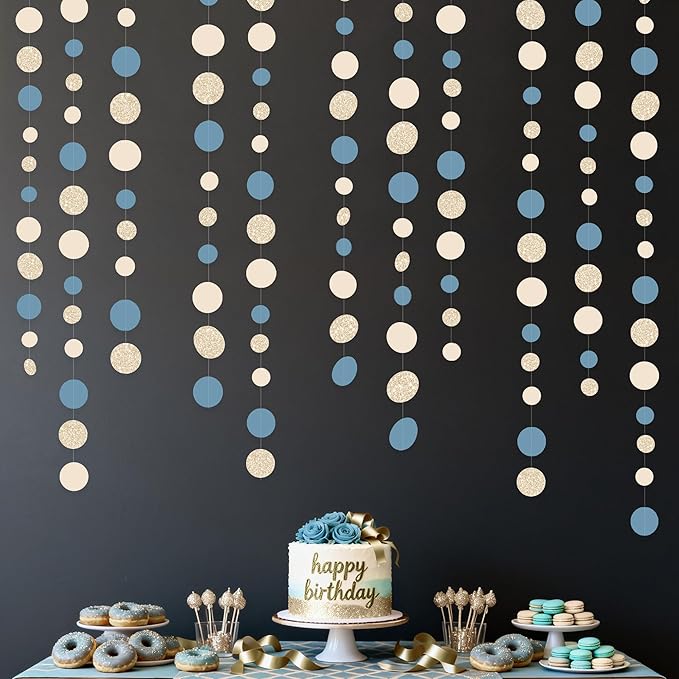 Champagne Gold Dusty Blue Beige Circle Dot Garland Hanging Paper Polka Dot Streamer for Men Boy Birthday Baby Shower Wedding Bridal Shower Retirement Engagement Bachelorette Party Decorations Supplies