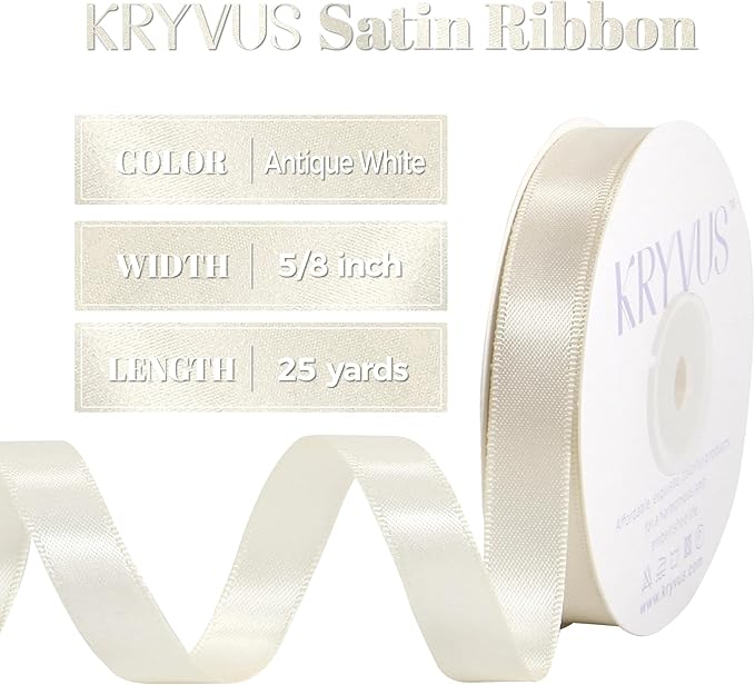 Antique White Satin Ribbon, Double Faced 5/8 Inch X 25 Yards Antique White Ribbon, Premium Satin Ribbon for Gift Wrapping, Crafts, Hair Bow Making, Sewing, Flower Bouquet, Wedding Party Decor