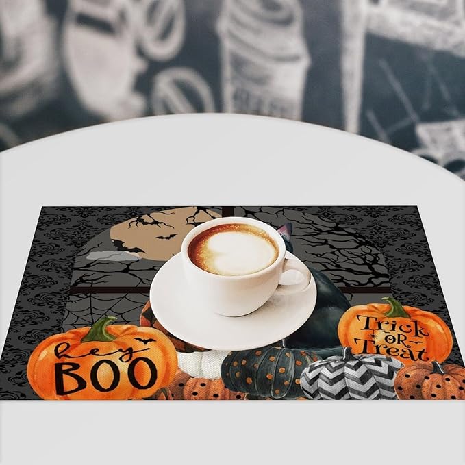 Boo Black Cat Pumpkins Halloween Placemats Gothic Dark Damask Bat Spider Web Dark Forest Funny Pumpkin Placemats Table Kitchen Dining Party 12x18 Inch Set of 4