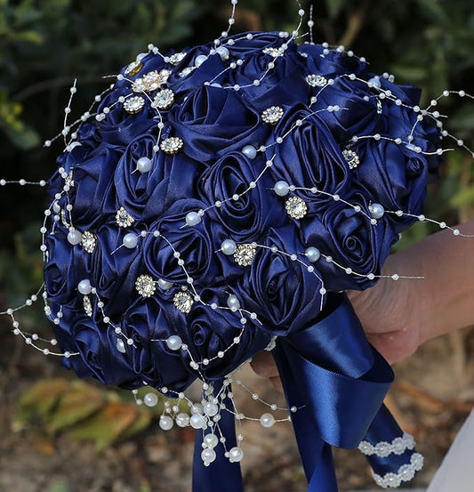 Bridal Wedding Bouquet Round Bling Brooch Bouquet Throw Toss Artificial Rose Flower Bunch for Bride Bridesmaid Wedding Quinceanera(Navy Blue, 8.7")