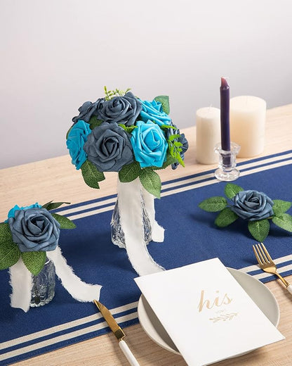 DuHouse 25Pcs Artificial Roses Flowers Fake Roses with Stems Real Touch Foam Flowers for DIY Wedding Bouquet Baby Shower Centerpiece Floral Arrangement Party Home Decor(Middle Blue)