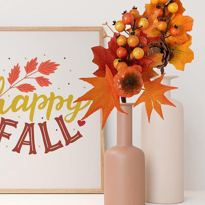 12 Pack Fall Stems Artificial Berry Picks Fall Picks with Pine Cone Sunflowers Pumpkin Maple Leaves Branches Decorations for Harvest Autumn Thanksgiving Day Wreaths Indoor Outdoor Home Decor