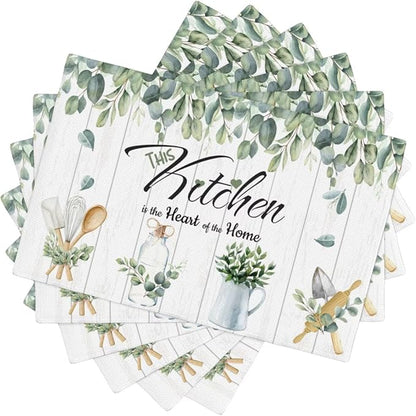 Eucalyptus Leaves Kitchen Table Placemats Set of 6 Rustic Green Plant Print Placemat Indoor Outdoor Party Home Desktop Dining Room Decoration 12x18 Inch