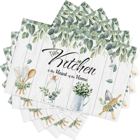 Eucalyptus Leaves Kitchen Table Placemats Set of 6 Rustic Green Plant Print Placemat Indoor Outdoor Party Home Desktop Dining Room Decoration 12x18 Inch