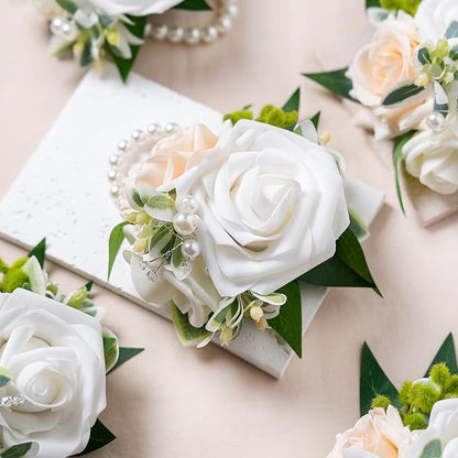 Meldel White Wrist Corsage, Set of 6, Homecoming Wrist Flower Girl/Mother Corsages Wristlet Décor Perfect for Bride Bridesmaids Wedding Guests Hand Flower, Proms, Party, Ceremony Anniversary