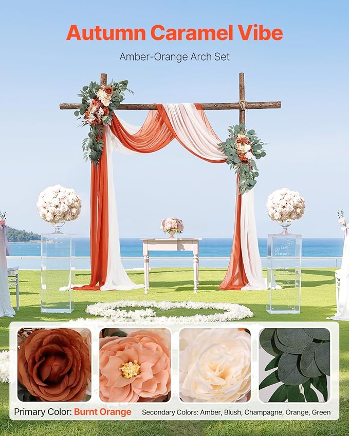 VEVOR Artificial Wedding Arch Flowers Kit, Orange Wedding Arch Flowers with Drapes Kit (Pack of 4) - 2 Pcs Floral Arrangement, 2 Pcs Sheer Drapes, for Ceremony Bouquets Reception Backdrop Decoration