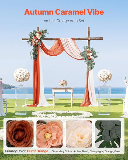 VEVOR Artificial Wedding Arch Flowers Kit, Orange Wedding Arch Flowers with Drapes Kit (Pack of 4) - 2 Pcs Floral Arrangement, 2 Pcs Sheer Drapes, for Ceremony Bouquets Reception Backdrop Decoration