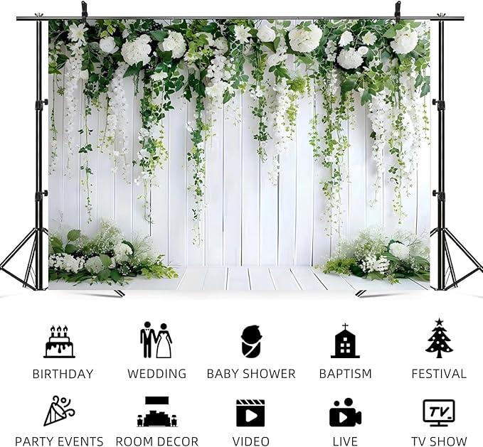 5x3ft White Flower Backdrop Green Leaves Wedding Bridal Shower Photography Background Floral Rustic Wood Wall Birthday Party Banner Decorations Reception Ceremony Portrait Photo Booth Prop