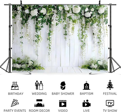 5x3ft White Flower Backdrop Green Leaves Wedding Bridal Shower Photography Background Floral Rustic Wood Wall Birthday Party Banner Decorations Reception Ceremony Portrait Photo Booth Prop