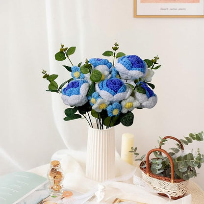 Foyucool Crochet Flowers Bouquet, Handmade Knitted Rosy Blue Bouquet with Gift Bag for Home Deocor, Crocheted Finished Flower for Wedding, Mother's Day, Teachers' Day and Valentine's Day, Blue White