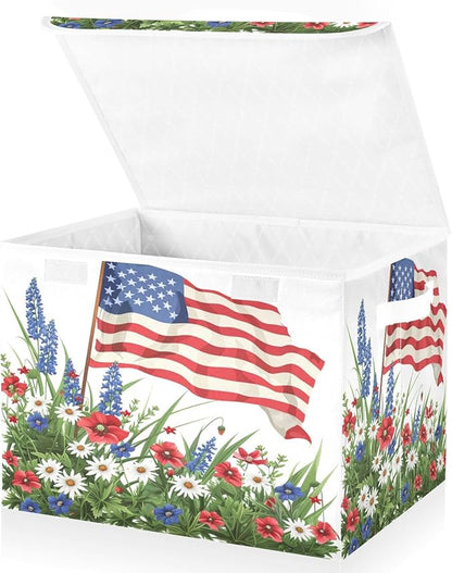 July Fourth Baskets Collapsible Storage Bins with Lids, Wildflowers American Flag Storage Boxes Clothes Baskets for Organizing