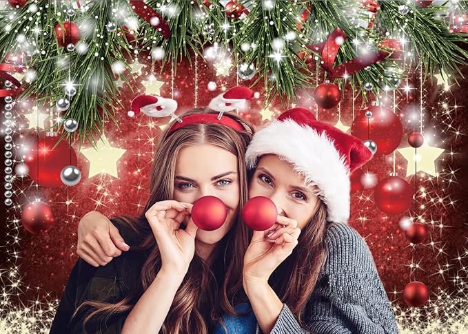 SJOLOON Christmas Backdrops Red Ball Theme Background Shining Stars Background New Year Backdrop for Christmas Party Decoration Banner Photo Shoot 12364 (7x5FT)