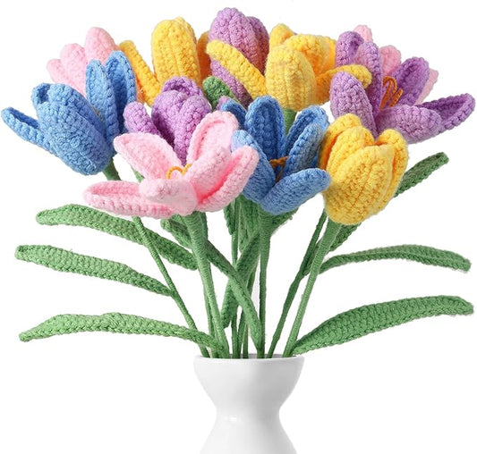 YoungJoy Crochet Rose 12 Pcs Handmade Knitted Flowers Tulip Sunflower Daisy Heart Artificial Knitted Floral Mother Day Graduation Home Decor(Tulip B)