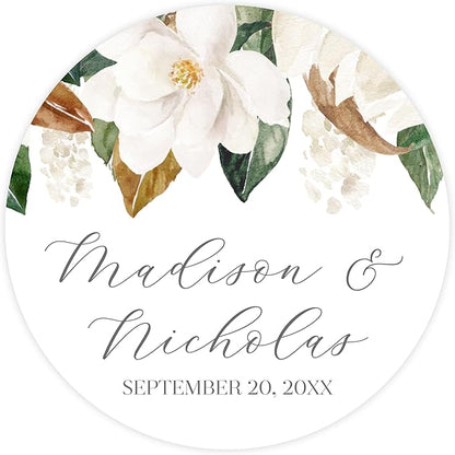 Personalized Floral Wedding Stickers with Your Choice of 30 Flower Styles - Choose Font and One of Five Pre-made Phrases or Add Custom Text (009 - Magnolia)