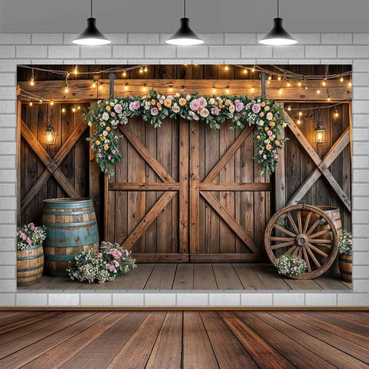 5x3ft Country Wedding Photography Backdrop Rustic Barn Door Photography Backdrop Farmhouse Pink Flower Cabin Wooden Birthday Baby Shower Wedding Bridal Party Banner Photo Booth Props Background