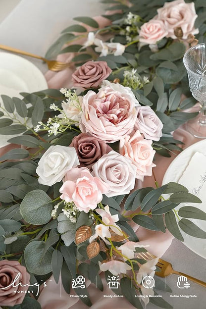 Ling's moment Flower Garland - 6FT Eucalyptus & Rose - Pink Sweetheart Table Decor for Wedding Reception, Artificial Floral Garland for Mantle, Thanksgiving, Christmas Decoration, Dusty Rose