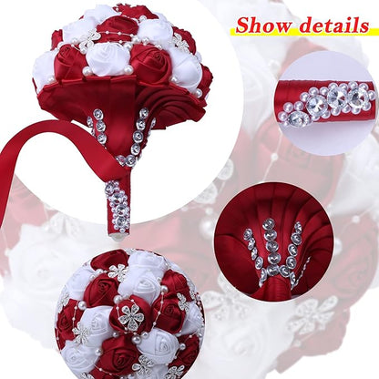 Handmade Wedding Flowers Bridal Bouquets Crystal Bride Holding Bouquet White Ivory Satin Roses with Diamond Pearl Ribbon.(WineRed)