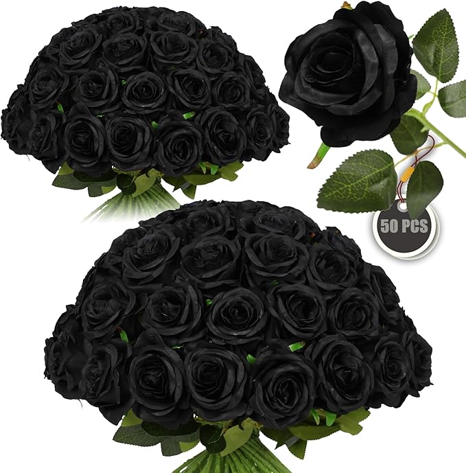 50PCS Artificial Silk Roses in Bulk & Bouquet Long Stem – Realistic Fake Roses for Wedding Centerpieces, Home Decor, Floral Arrangements, Party Decoration (Black)