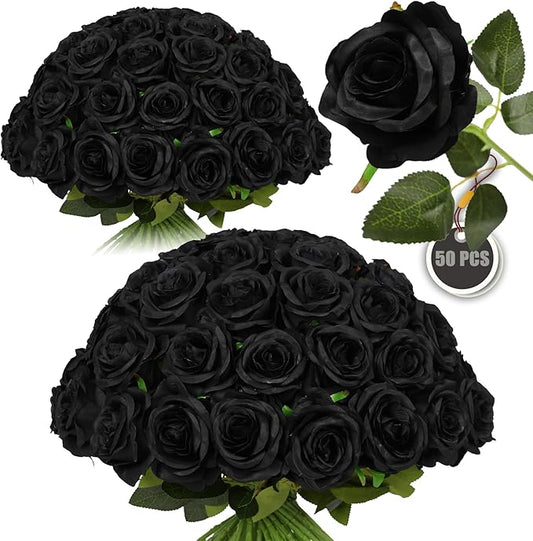 50PCS Artificial Silk Roses in Bulk & Bouquet Long Stem – Realistic Fake Roses for Wedding Centerpieces, Home Decor, Floral Arrangements, Party Decoration (Black)