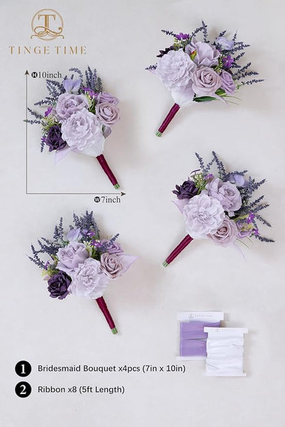 TINGE TIME 7 Inch Artificial Flowers Wedding Bouquets for Bridesmaid, Set of 4, Lavender Bride Tossing Bouquet for Rustic Wedding Ceremony Bridal Shower Rehearsal Dinner Vintage Party