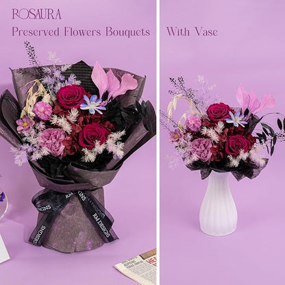 Rosaura Preserved Flowers Bouquets, Natural Real Roses for Delivery Prime, Forever Rose Bouquets Valentine's Day, Mother's Day, Christmas, Birthday Gifts-Dark Purple (with vase)