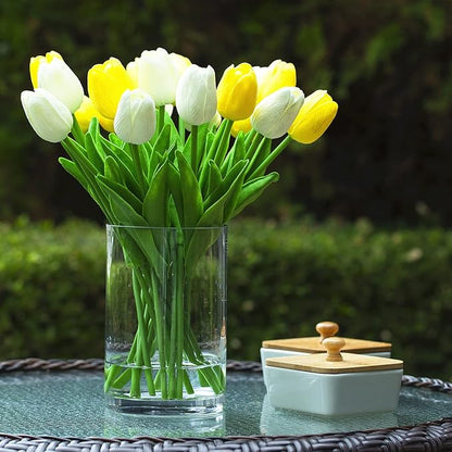 ENOVA FLORAL 20 Heads Real Touch Artificial Tulips Flowers in Vase, Mixed White and Yellow Tulips Fake Flowers with Vase and Faux Water for Home Wedding Decor, Dining Table (White Yellow)