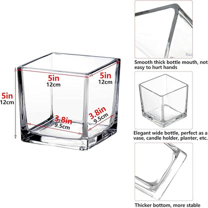 Square Glass Vases Set of 6 – Hewory 5"x5" Clear Cube Flower Vase Candle Holders for Wedding Centerpieces Home Decor Events Party Ceremony (Not Include Flower and Candle)