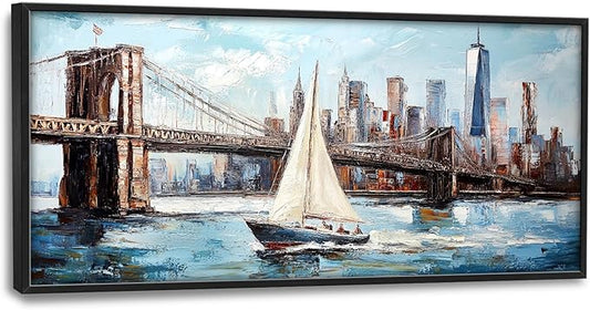 Extra Large Sailboat Framed Wall Art for Living Room,Oversized New York Brooklyn Bridge Pictures Wall Decor,Cityscape Canvas Print Painting Modern Artwork Bedroom Office Bathroom 60L x 30W