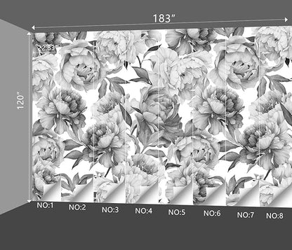 Grey Peony Floral Wallpaper Bedroom Black and White Botanical Flowers Leaf murals Aesthetic Room Decor Living Room tv Background Large Wall Mural - 183"x120" Not Peel and Stick