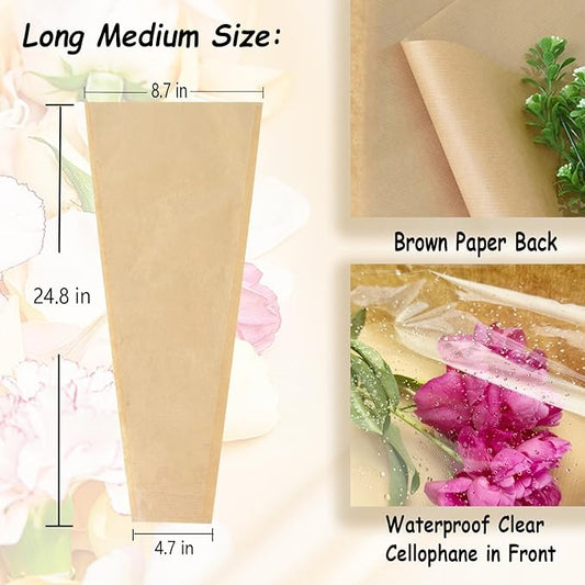 MYGOGOART 50 Pcs Flower Bouquet Wrapping Paper Flower Bags Sleeves for Bouquets Kraft Paper Floral Wrap Bags Flower Bouquet Supplies(8.7 x 24.8 x 4.7 inches)