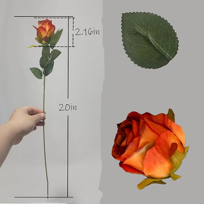 Artificial Roses 10 Pcs - Lifelike Single Stem Fake Roses with Natural Petal Texture,Fade-Resistant Silk Flowers for Wedding Decor,Home Vase Arrangements,Party Centerpieces(10, Red - Orange)