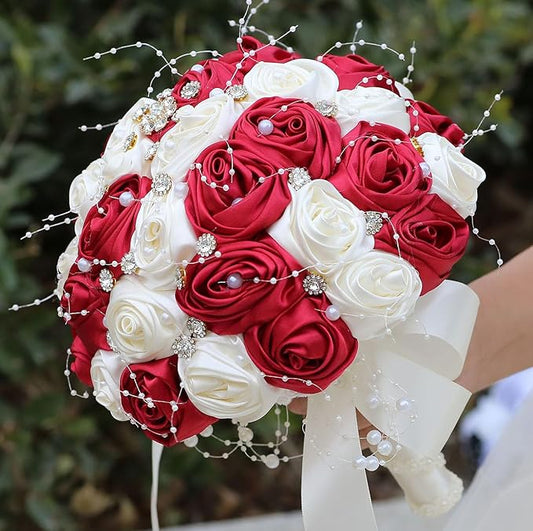 Bridal Wedding Bouquet Round Bling Brooch Bouquet Throw Toss Artificial Rose Flower Bunch for Bride Bridesmaid Wedding Quinceanera(Ruby Red & Ivory, 8.7")