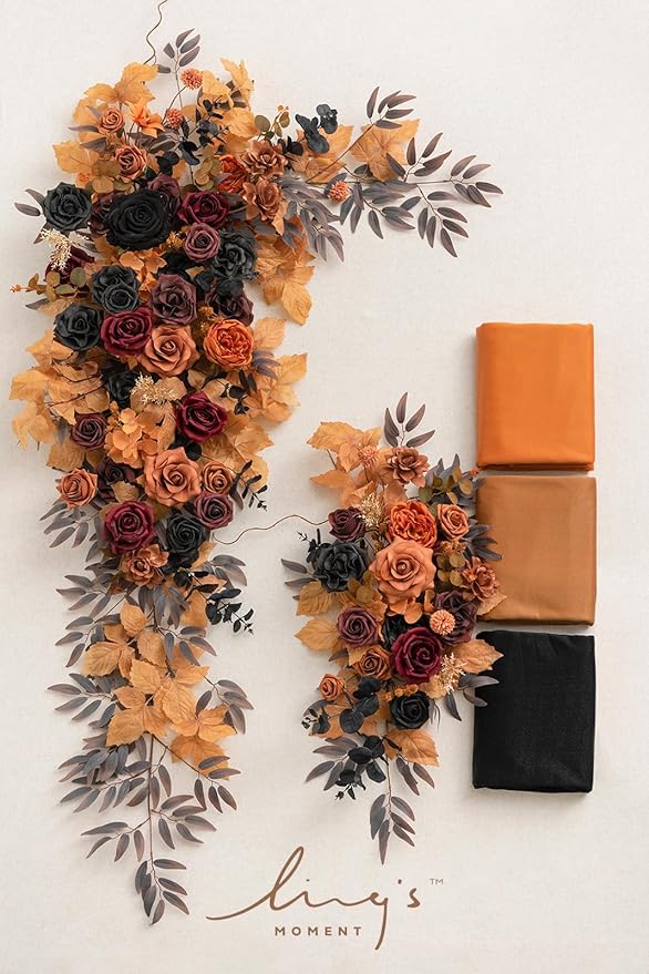 Ling's moment Wedding Arch Flowers with Sheer Drapes Kit - Artificial Black and Orange Floral Arrangements for Ceremony Backdrop, Arbor Decor, 5-Piece Set (2 Flower Stems + 3 Hanging Drapes)