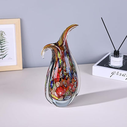 Hand Blown Glass Vase for Centerpiece, Murano Style Table Decoration, Red Blown Art Glass Ellipse Flower Vase, Single Stem Beautiful Decor for Home, Beachy Room Decor for Home Shelf