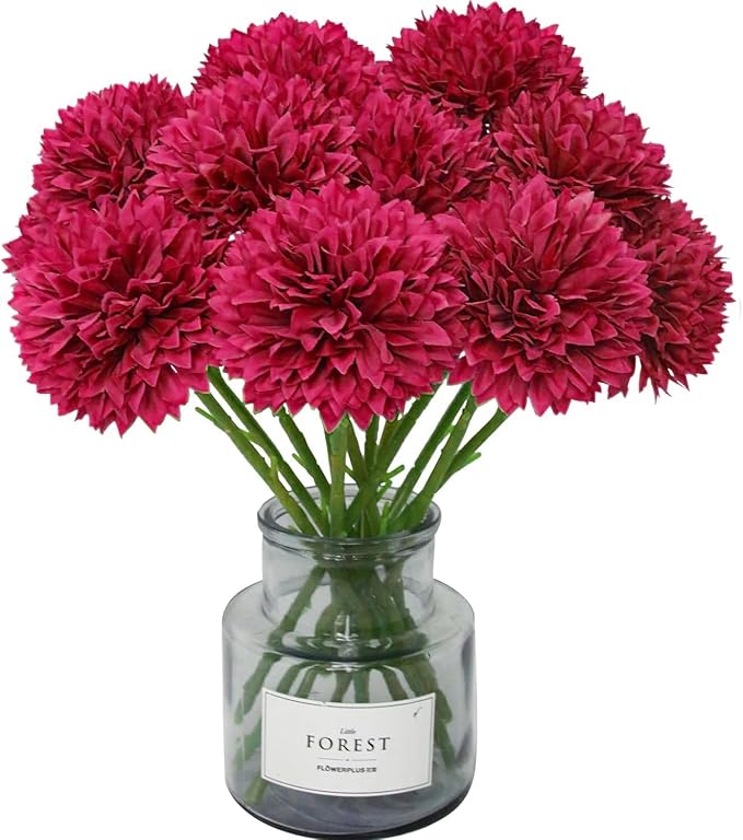Tinsow 12Pcs Artificial Chrysanthemum Flowers Faux Bright Red Ball Flowers Burgundy Fall for Christmas Autumn Farmhouse Home Decoration (12,Bright Red)