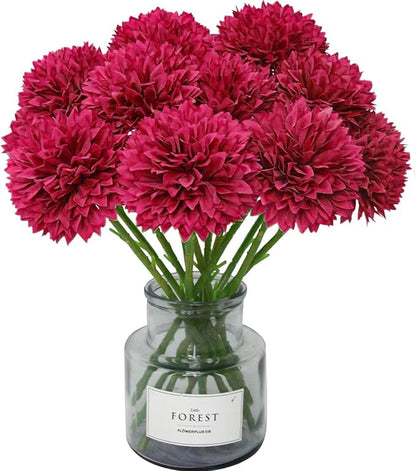 Tinsow 12Pcs Artificial Chrysanthemum Flowers Faux Bright Red Ball Flowers Burgundy Fall for Christmas Autumn Farmhouse Home Decoration (12,Bright Red)