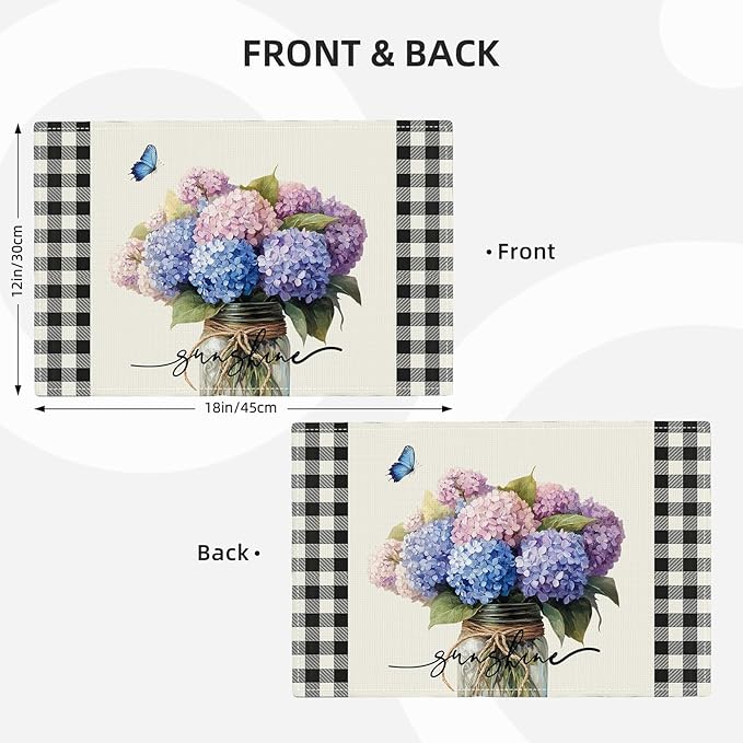 Farmhouse Hydrangea Placemats Set of 6, Country Sunshine Flowers Place Mats, Rustic Spring Butterfly Dining Table Mats, Washable Placemats for Kitchen Dining Room 18L'' × 12W''