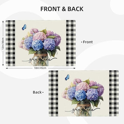 Farmhouse Hydrangea Placemats Set of 4, Country Sunshine Flowers Place Mats, Rustic Spring Butterfly Dining Table Mats, Washable Placemats for Kitchen Dining Room 18L'' × 12W''