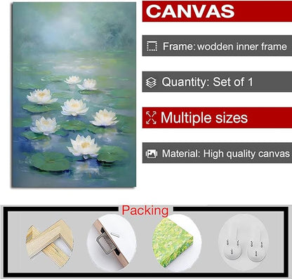 Zen wall art Delicate white lotus flower floating on calm water Vintage oil painting print Serene aquatic wall art creates a tranquil home decor 24x36in Wood Framed