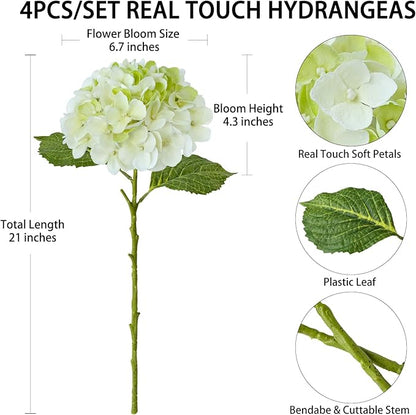 4 Pcs White/Green Real Touch Hydrangeas Artificial Hydrangeas Flowers Faux Latex Hydrangea for Kitchen Living Room Porch Fall Home Decor Baby Shower Party Wedding Xmas Table Centerpiece