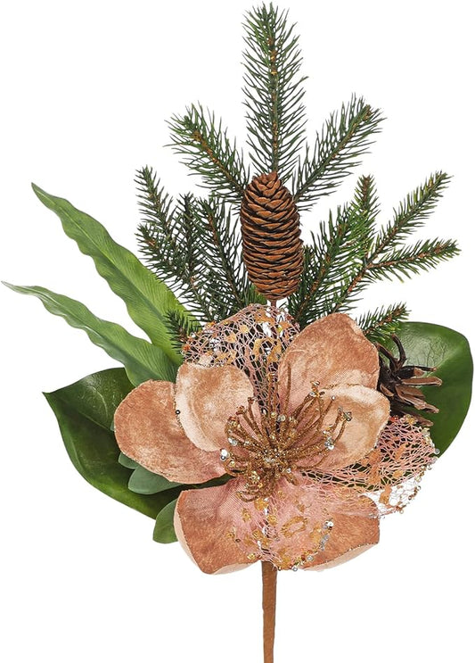 Briful 2 Pack 18.9in Christmas Magnolia Flower Picks, Artificial Magnolia Flower Spray with Pinecones for Xmas Tree Vase Floral Arrangements Wreath Decor