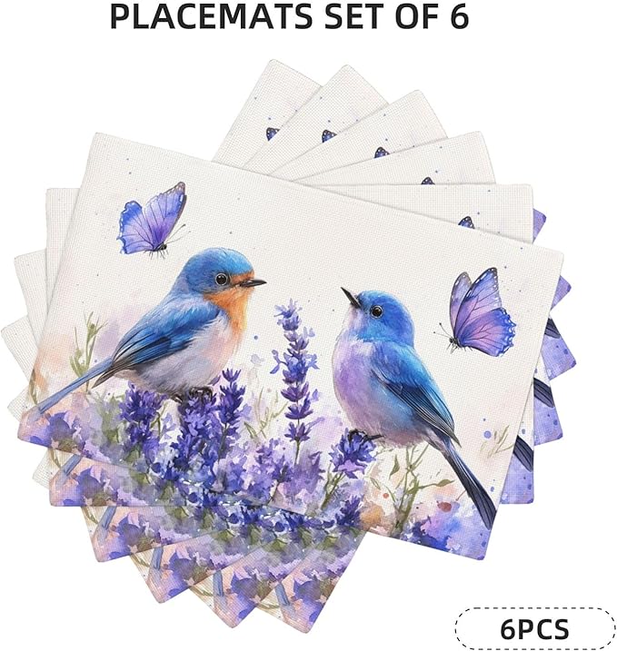 Lavender Birds Placemats Set of 6 Washable Table Mats Spring Floral Flower Heat-Resistant Cotton Linen Place Mats for Dining Table Kitchen Indoor Outdoor Party Holiday Decor
