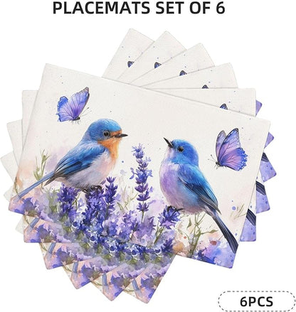 Lavender Birds Placemats Set of 6 Washable Table Mats Spring Floral Flower Heat-Resistant Cotton Linen Place Mats for Dining Table Kitchen Indoor Outdoor Party Holiday Decor