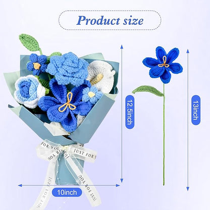 Crochet Flower Bouquet Blue Rose, Handmade Crochet Flowers Knitted Bouquet for Birthday, Wedding, Anniversary, Graduation Gift for Her, Girlfriend, Wife, Womeng (Blue)