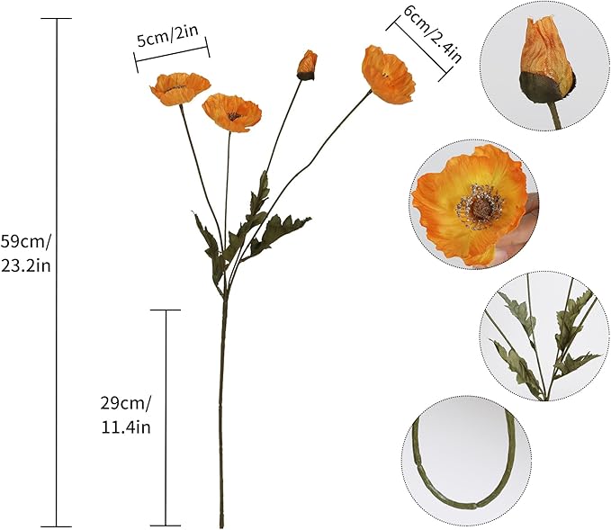 IPOPU Silk Poppies - 6pcs Realistic Orange Flowers for Wedding & Party Decorations