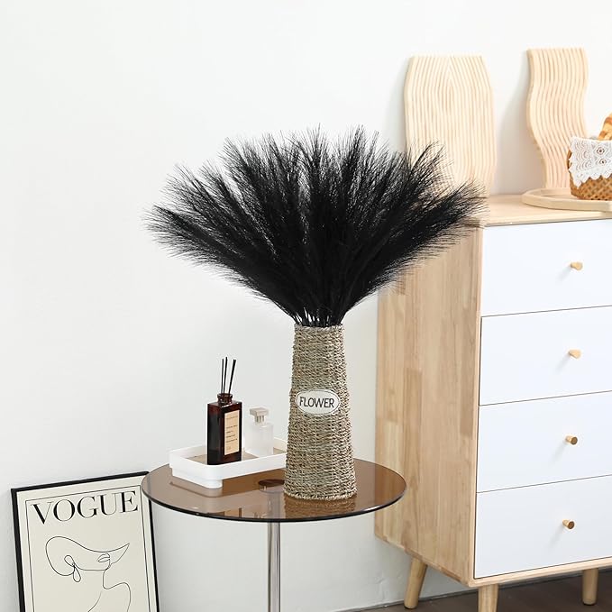 60pcs Black Pampas Grass - 24 Inch Faux Pampas Grass Decor, Short Artificial Pampas Grass for Gothic Room Decoration, Wedding, Party, Halloween and Home Decor (Black)