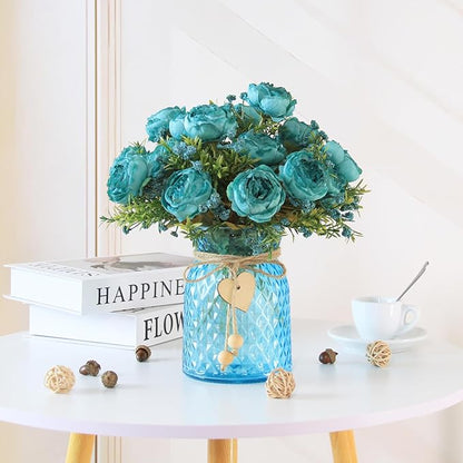 Fake Flowers in Vase,Fake Flowers with Vase,21 Pcs Faux Peony Flowers,Artificial Flowers for Home Decor, Indoor Centerpiece for Living Room & Dining Table (Blue)